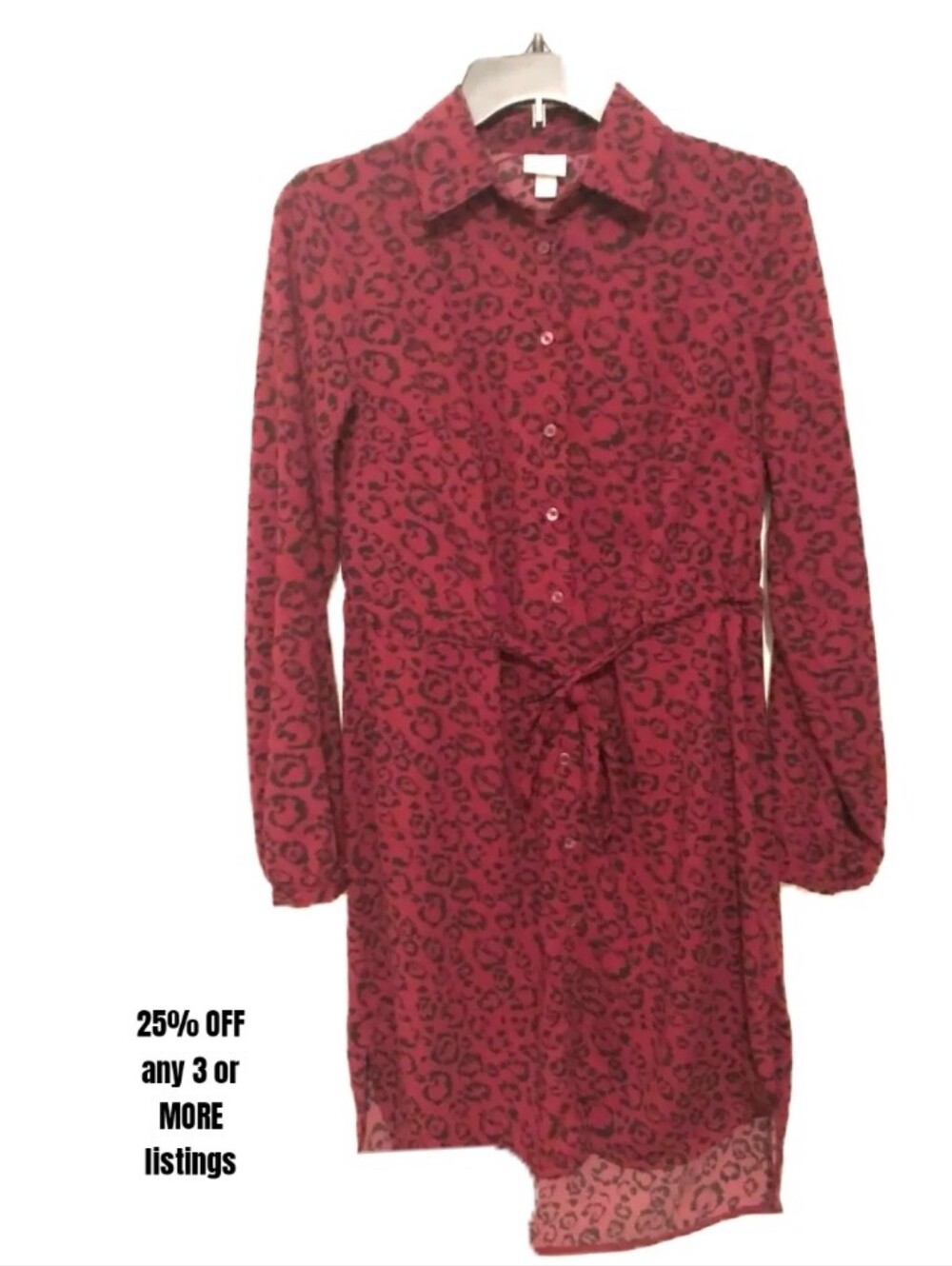 A New Day Sz Large Animal Print Long-Sleeve Shirt Dress Tie Waist Sheer Collar
